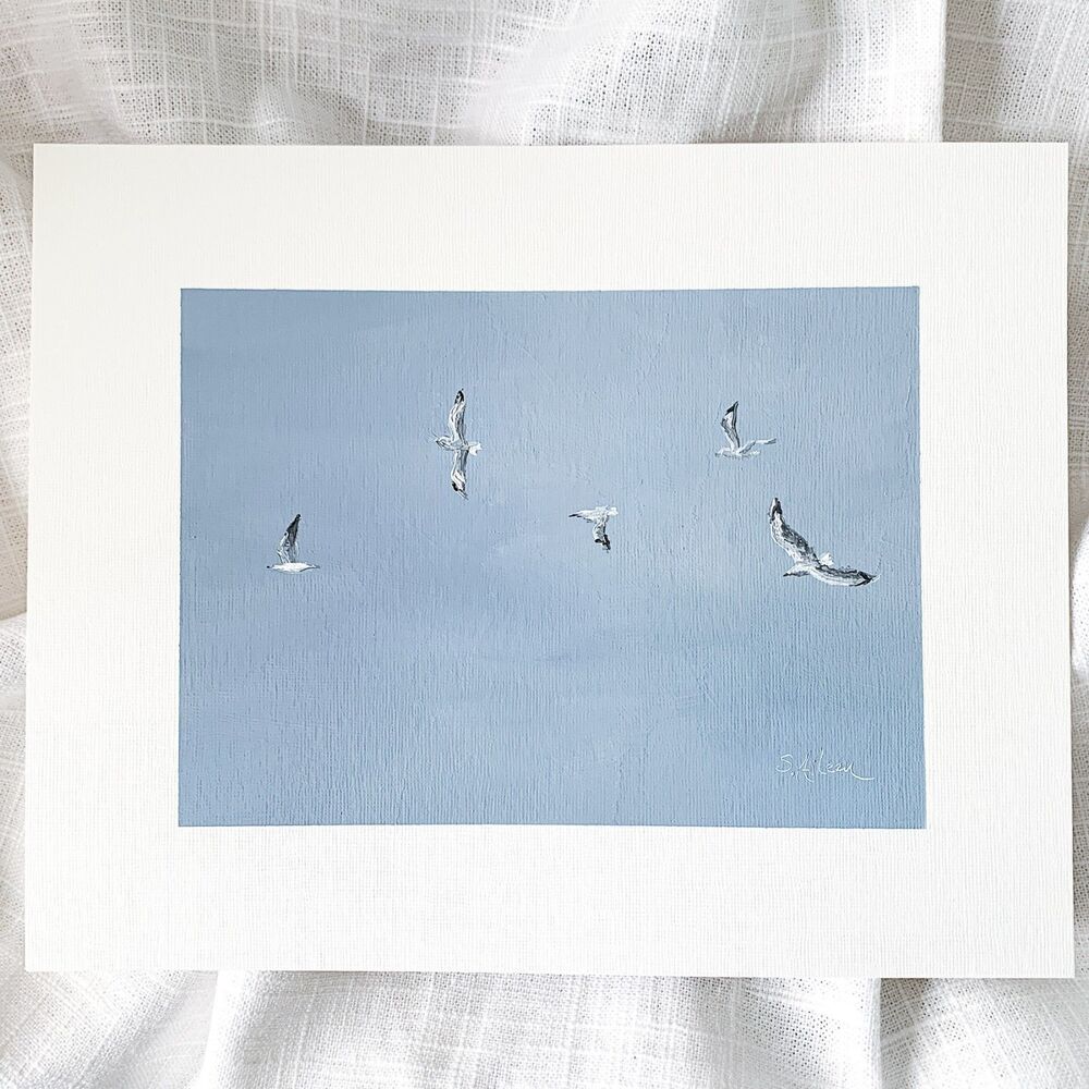 8x10 Original Oil Painting Sea Birds Seagulls Minimalist Coastal Sky Art Signed - Picture 2 of 8